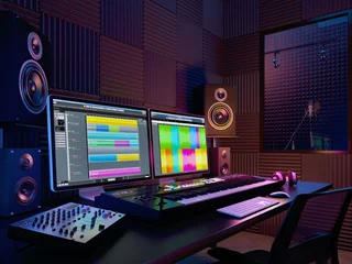 Zelfklevend Fotobehang Audio workplace,recording studio,computer music studio.3d rendering © manow