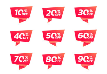 Sale and discount tag, sticker or origami label set. 10, 20, 30, 40, 50, 60, 70, 80, 90 percent price off badges. Promotion, ad banner, promo coupon design elements. Vector illustration.