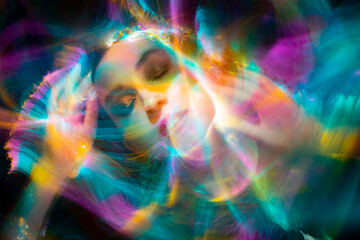 lightpainting portrait, new art direction, long exposure photo without photoshop, light drawing at long exposure. abstract portrait 	
