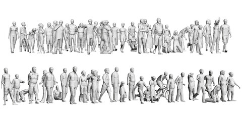 Naklejka premium A crowd of different people in different positions. Polygonal figures of men, women, children. 3D. Vector illustration