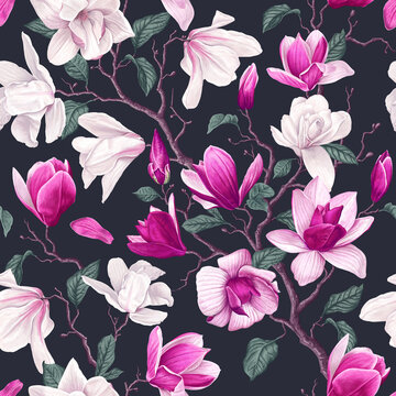 Floral seamless pattern with white and pink magnolia flowers, leaves and petals on dark background. Pastel vintage theme with realistic, vector, spring flowers for fabric, prints, greeting cards.