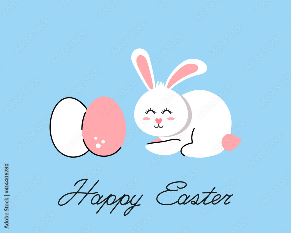 Wall mural easter bunny and colored easter eggs in a cute linear style. happy easter festive greeting card with