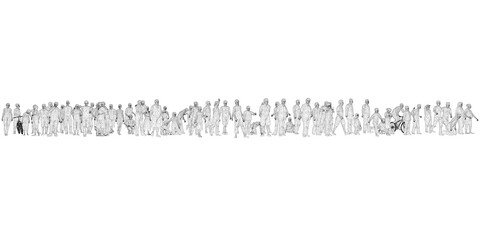 A crowd of different people in different positions. Wireframe figures of men, women, children. 3D. Vector illustration