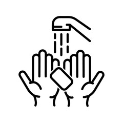 Hands washing flat icon. Pictogram for web. Line stroke. Isolated on white background. Vector eps10. Water stream on the hands.