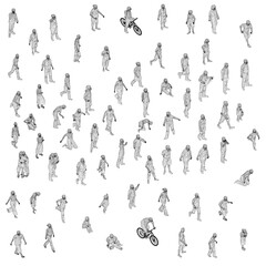 Set with different people in different positions. Wireframe figures of men, women, children. 3D. Vector illustration