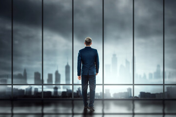 A man in a business suit, a businessman stands against the background of large windows overlooking the city, looks into the distance. Mixed media. Development concept, goals, aspiration.