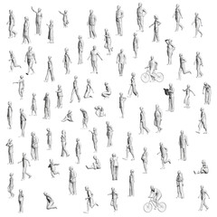 Set with different people in different positions. Polygonal figures of men, women, children. 3D. Vector illustration