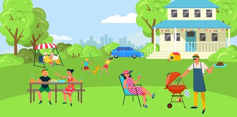 BBQ cooking, meat barbecue, outdoor, backyard people party, joyful family vacation, design cartoon style vector illustration. Delicious food, weekend out town, cheerful children playing on lawn.