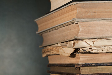 Stack of books on unfocused background, arrangements. Place for text.