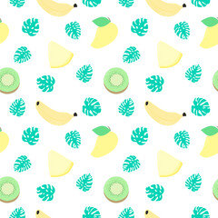 Banana kiwi mango melon tropical fruits seamless pattern illustration vector isolated on white background