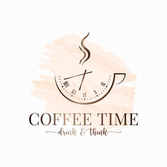 Coffee cup clock time wayercolor logo on white