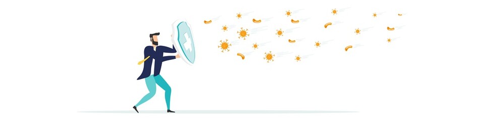 COVID-19 Coronavirus protection and quarantine. Business risk. prevention from viral epidemic concept. businessman holds a knight's shield to protect against pathogens of the COVID-19 virus. Vector.