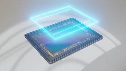 Concept of digital photography: full-frame sensor for digital camera with neon film contours, 3D rendering