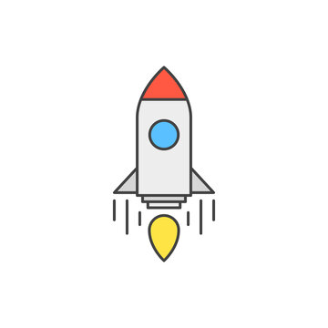 Flying rocket space ship with flame from turbine. Space ship shuttle transport. Vector.