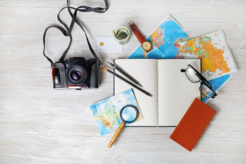 Essential travel accessories. Vacation items. Outfit of traveler. Flat lay.