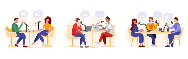 Live radio or podcasting. Podcasters recording audio or video podcast in the studio. Online show. Radio host speaking in microphone and interviewing guests. Vector illustration isolated on white