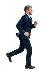 A man in a business suit, a businessman is running. Isolated on a white background.