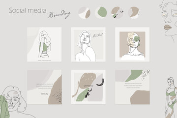 Instagram social media template. minimal story post feed background mockup for beauty. Continuous line woman face and body silhuette 