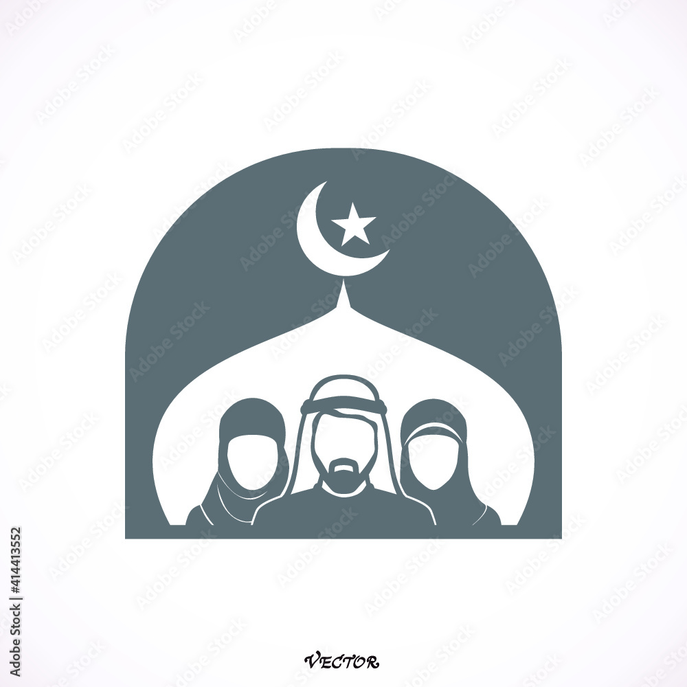 Wall mural Traditionally clothed muslim man and woman  the backdrop of the mosque. Silhouette icon.