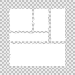 Realistic set of torn white paper on transparent background. Scrap edge sheet paper. Vector