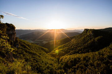 Spring sunrise in Salt De Coromina waterfall, La Garrotxa, Spain