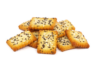 Square poppy seeds and sesame crackers isolated on white 
