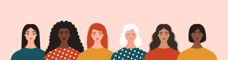 Women diversity concept. Group of multiethnic female characters. Portraits of caucasian, asian, black girls standing together. International Women’s Day, 8 March, feminism. Isolated flat vector