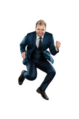 A man in a business suit, a joyful businessman jumped up. Isolated on a white background.