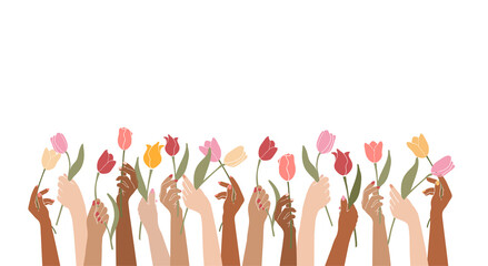 Vector illustration female hands holding flowers isolated on a white background.Elegant floral poster with tulips.Happy international women's day.
