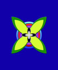 Big flower with yellow-green leaves There are blue and white flowers. And there is a rainbow, four circles, blue, red, pink, yellow around a circle in the middle. On a blue background.