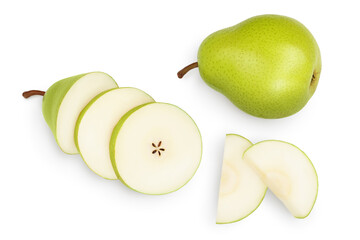 Green pear fruit with slices isolated on white background with clipping path. Top view. Flat lay