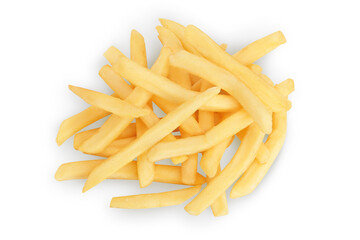 French fries or fried potatoes isolated on white background with clipping path and full depth of field. Top view. Flat lay