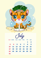 Cute Tiger Wall Calendar Template for 2022, Year of the Tiger, Chinese Calendar, A4. Week starts on Sunday.