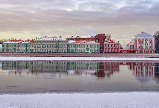 Saint-Petersburg, Russia - 9 february 2021: Winter day in Saint-Petersburg center, reflection in the Neva river