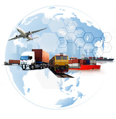 Logistics and transportation of world Container Cargo ship and Cargo plane with working crane...