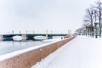 Panorama of the city, frozen Neva and view of the Kunstkamera in St. Petersburg, winter landscape