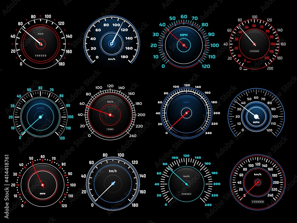 Aufkleber Car dashboard speedometer round indicators with glowing neon light kilometers and miles per hour scales and arrow. Modern automobile analog or digital speed and distance counters set