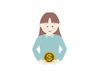 お金について考える女性のカラーイラスト