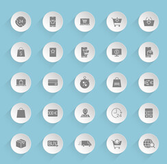 e-shopping vector icons on round puffy paper circles with transparent shadows on blue background. e-shopping stock vector icons for web, mobile and user interface design