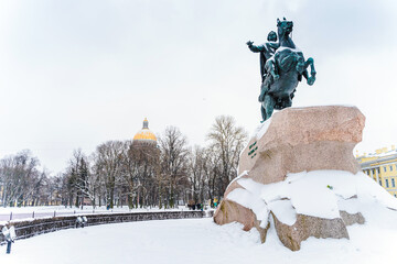 Panorama of the winter city and view of the Copper Horseman in St. Petersburg, winter landscape