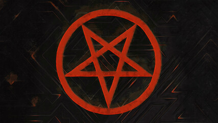 Red pentagram on a dark background. Artistic work on the topic of esotericism