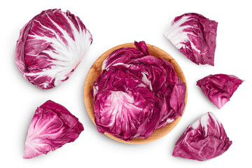 Fototapeta premium Fresh red radicchio salad in wooden bowl isolated on white background with clipping path and full depth of field. Top view. Flat lay