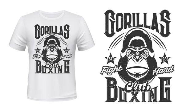Gorilla print t-shirt mockup, boxing fight club vector emblem. Angry gorilla monkey mascot of box or kickboxing fighting club with Fight Hard slogan for t shirt print