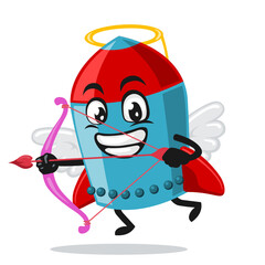 vector illustration of rocket character or mascot wearing cupid costume and holding a bow 