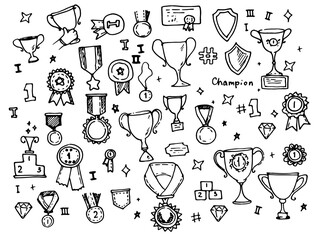 vector set of isolated elements medals and orders with cups hand drawn in doodle style black outline on white background for design template
