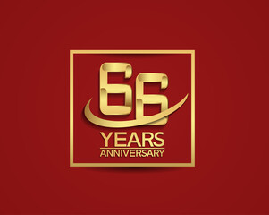 66 years anniversary with square and swoosh golden color isolated on red background can be use for special celebration moment