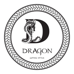 Dragon silhouette inside capital letter D. Elegant Gothic Dragon Logo with tattoo element. Heraldic symbol beast ancient mythology for logotype, emblem, monogram, icon, business card, brand name.