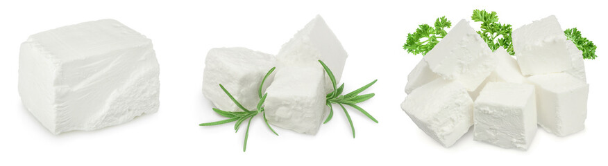 Feta cheese isolated on white background. With full depth of field. Set or collection