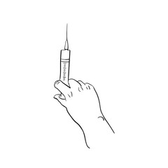 hand holds medical syringe upright vaccine outline drawing on white background hand drawn vector illustration © ТаtyanaGG