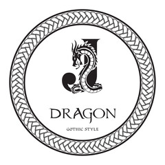 Dragon silhouette inside capital letter J. Elegant Gothic Dragon Logo with tattoo element. Heraldic symbol beast ancient mythology for logotype, emblem, monogram, icon, business card, brand name.